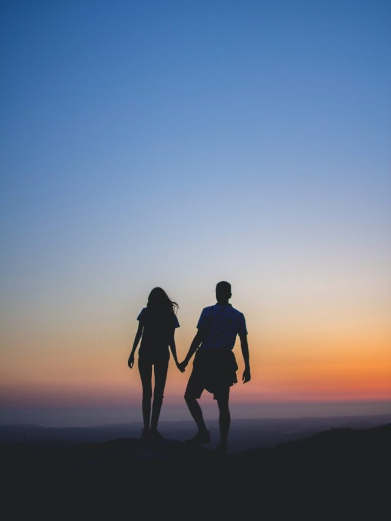 Silhouettes of a couple holding hands at sunset on a scenic outdoor overlook.