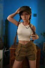Realistic sex doll with casual outdoor outfit and long braided hair suitable for AI robot features.