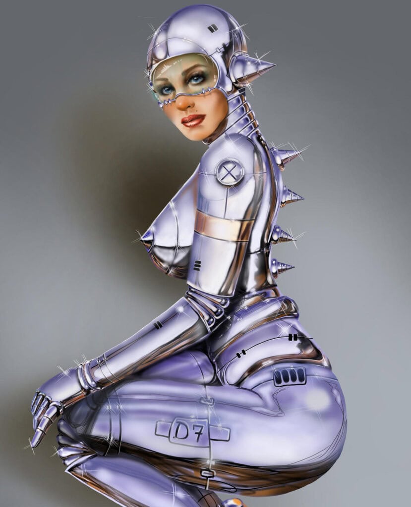 Realistic female AI robot with advanced metallic design and human-like facial features.