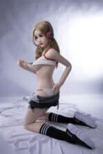 Silicone sex doll with realistic features, anime-inspired character wearing headphones and casual sportswear.